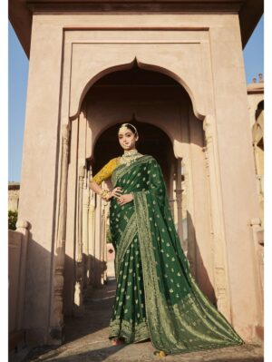 Women's Dark Green Pure Satin Woven Design Saree With Blouse Piece - GG000134