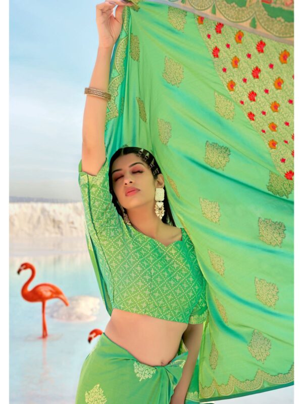 Beautiful Lime Green Banarasi Silk Woven Design Saree With Blouse Piece - GG000159